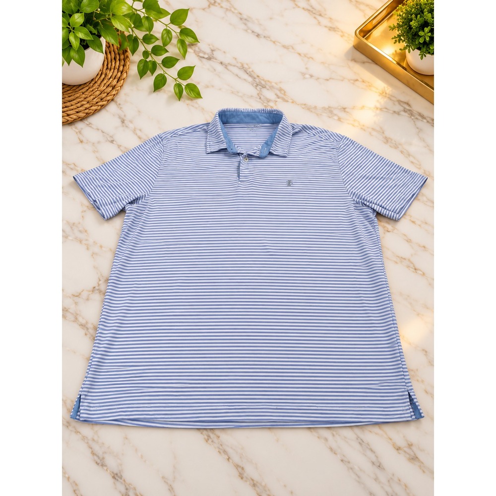 IZOD Men's Blue & White Striped Polo Golf Shirt – Size XL – Flawed (Neck Stain)
